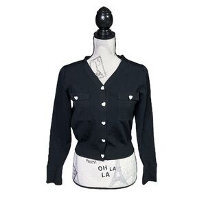 Black Heart-Button V-Neck Cardigan Sweater